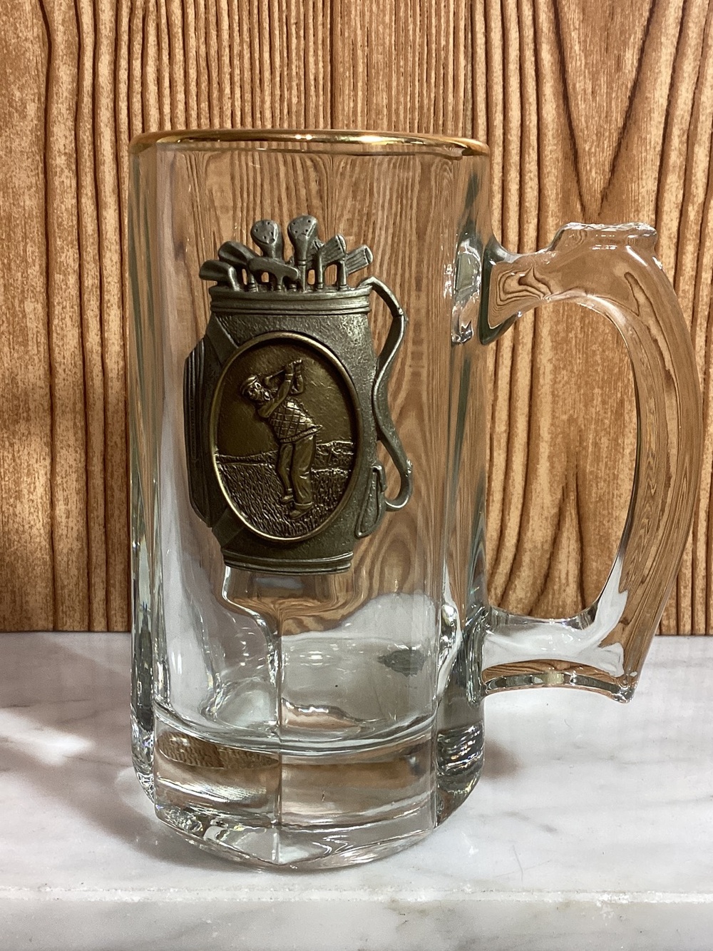 Clear Glass Golf-Themed Beer Stein with Gold Trim